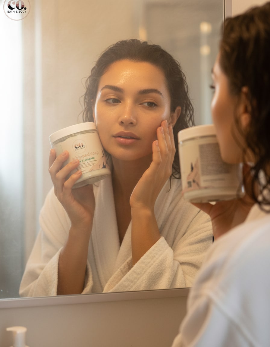 Skincare Self-Care Model - bathroom mirror portrait with soft steam ambience and glowing skin
