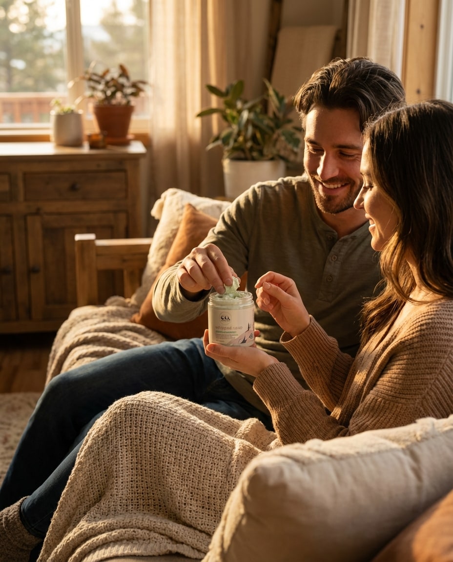 Couple Lifestyle Product - indoor couple portrait with cozy tones and natural interaction