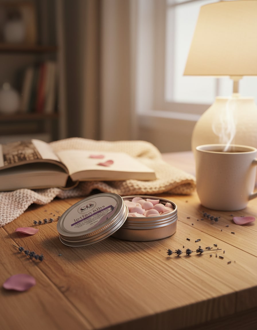 Cozy Home Lifestyle - soft lamp glow and wood table styling